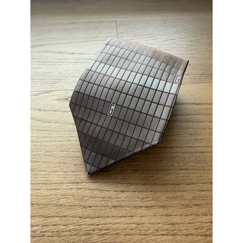 Gucci Mens Silk Tie Brown Geometric Grid Logo Pattern Made in‎ Italy Designer